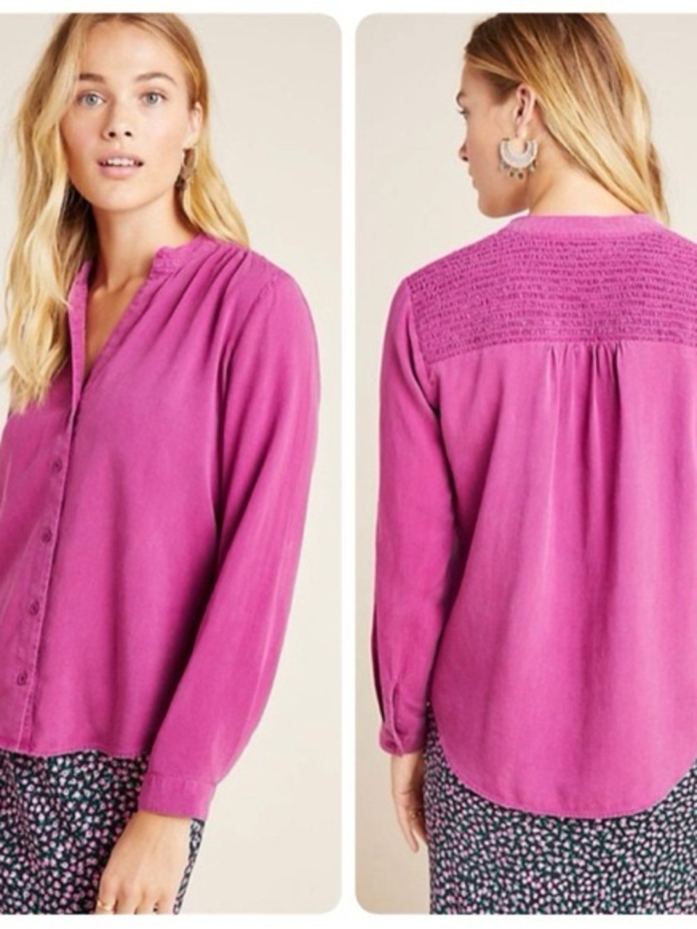 Cloth & Stone for Anthropologie Fuchsia Chambray Smocked Shirt size small